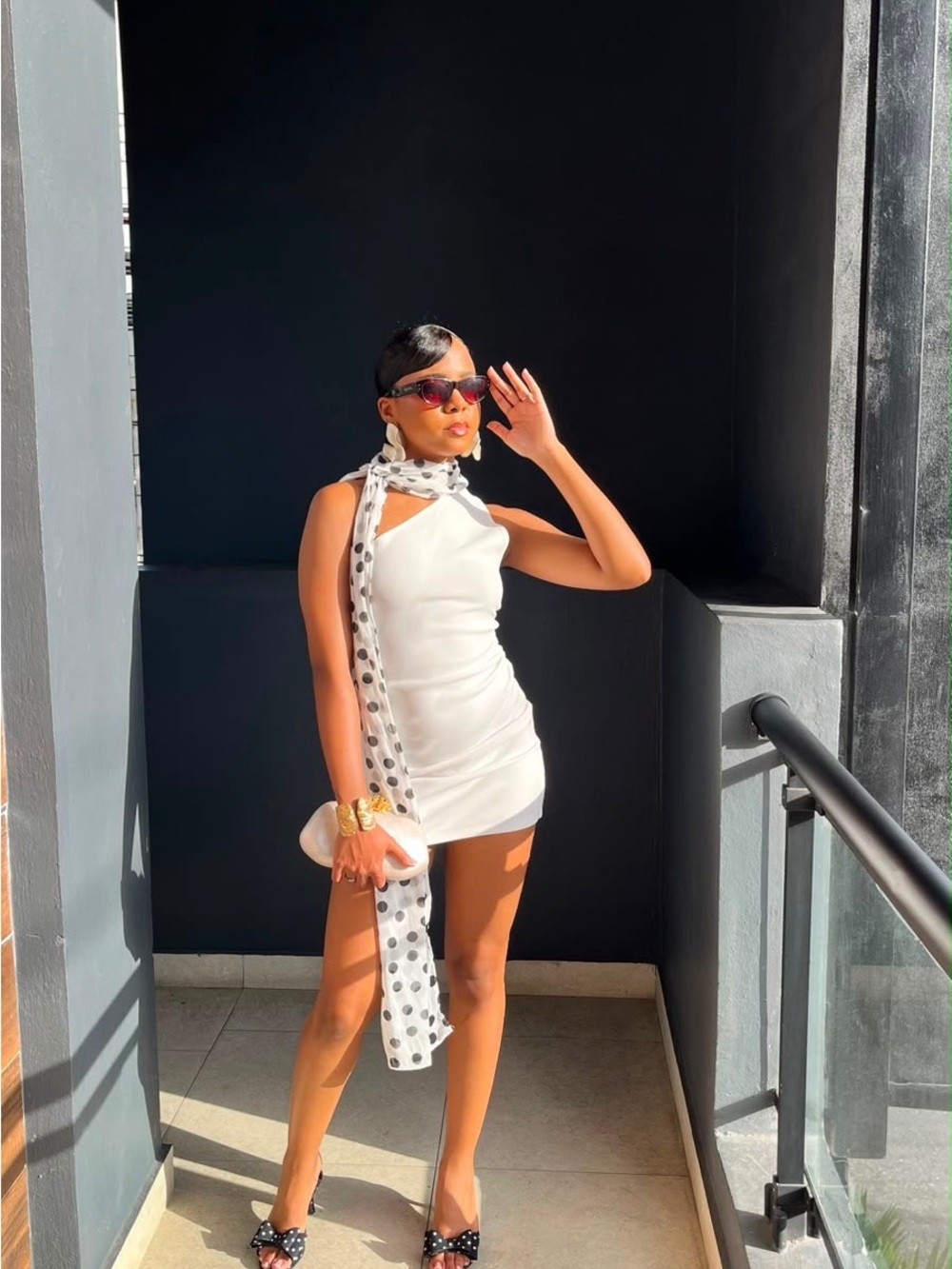 Zara White One-Shoulder Mini Dress with Polka Dot Scarf